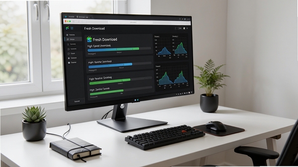 A sleek and modern desktop computer setup on a clean white desk, the monitor displays the Fresh Download interface showing multiple active high-speed download tasks with progress bars and speed graphs, soft natural lighting, high detail, 8k resolution, professional software review style