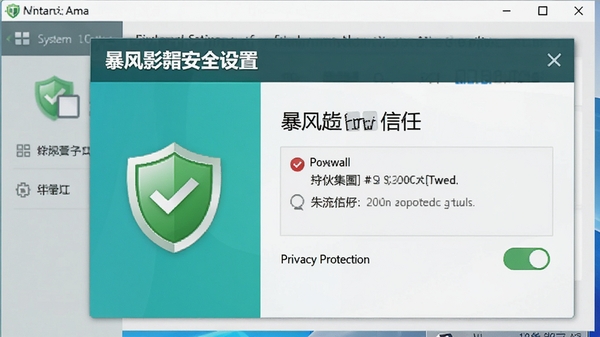 暴风影音安全设置界面,显示防火墙信任选项和隐私保护开关,背景为系统设置窗口,绿色盾牌图标,强调安全性,软件名称清晰可见