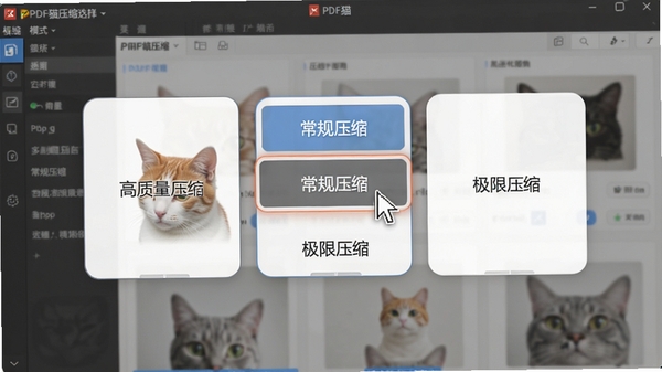 展示PDF猫压缩软件中压缩模式选择界面的图片,画面中央有“高质量压缩”、“常规压缩”、“极限压缩”三个选项卡片,鼠标指针悬停在“常规压缩”上,背景为软件界面,色调柔和,细节丰富
