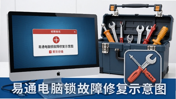 易通电脑锁故障修复示意图,显示电脑屏幕上有错误弹窗,旁边有修复工具图标,背景为工具箱风格,强调解决问题