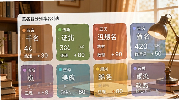 美名一生起名软件智能推荐名字列表界面,展示多个高分名字卡片,每个卡片上标注拼音、五行、数理评分,背景为暖色调书房场景,画面风格温馨明亮