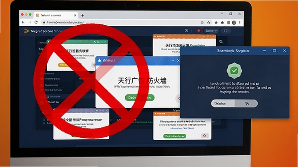 天行广告防火墙弹窗拦截功能示意图,电脑屏幕上多个广告弹窗正被红色禁止标志覆盖,背景为浏览器页面,软件悬浮窗显示拦截成功提示,画面色彩对比鲜明,突出拦截效果显著