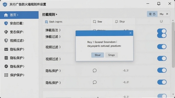 天行广告防火墙规则设置界面截图,左侧为功能导航栏,右侧展示拦截规则列表,包含弹窗拦截、视频过滤、隐私保护等选项开关,界面风格清爽,布局合理,方便用户快速配置