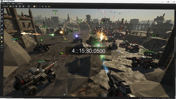 D3D RightMark���Գ�����չʾһ���ɴ�������ι��ɵĸ���3Dս����������̬��Ӱ��������Ч��߷ֱ���������ͼ����������������ʵʱ֡��ͳ�����֣�����Ϊ������ɫ�������棬�����Կ����ܲ��ԵĽ��Ÿ�