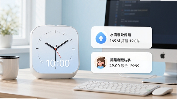 水滴电脑闹钟定时提醒软件主界面,展示简约时钟与倒计时功能,背景为整洁的电脑桌面,色调清新明亮,突出软件图标与提醒卡片,整体风格现代简洁,适合作为软件预览图