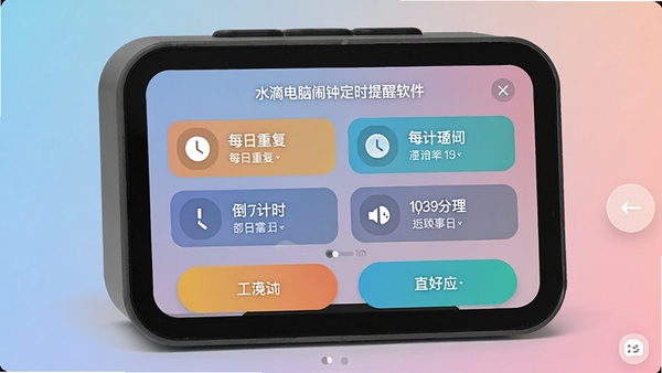 水滴电脑闹钟定时提醒软件定时设置界面,展示多种提醒类型选项,包括每日重复、倒计时等,界面清晰,按钮醒目,背景为柔和的渐变色,突出功能多样性
