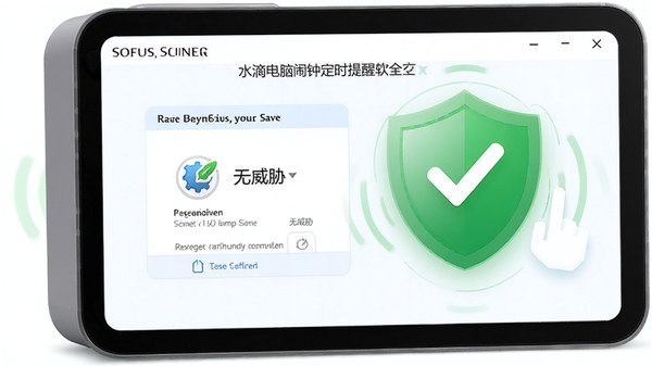 水滴电脑闹钟定时提醒软件安全检测界面,展示杀毒软件扫描结果,显示无威胁,背景为绿色盾牌图标,整体色调清爽,传达安全可靠的信号