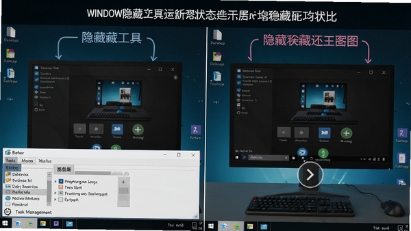 窗口隐藏工具运行状态示意图,展示任务管理器与桌面窗口对比,突出隐藏前后差异