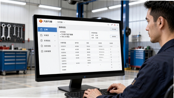 汽修财神汽修汽配软件主界面预览图,电脑屏幕前一位维修技师正在使用软件录入工单信息,界面简洁,左侧功能菜单清晰,右侧显示车辆信息与维修项目列表,背景为现代化汽修车间,工具整齐摆放,光线明亮