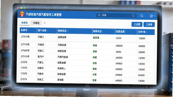 汽修财神汽修汽配软件工单管理界面截图,显示维修工单列表,包含车牌号、客户名称、维修状态、结算金额等列,界面采用蓝白配色,数据表格清晰,背景为电脑屏幕显示效果,周围有柔和的光晕