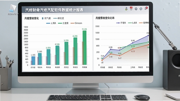 汽修财神汽修汽配软件数据统计报表界面,显示柱状图和折线图,展示月度营收变化,背景为电脑桌面,图表色彩鲜艳,数据清晰可读,整体风格商务简洁