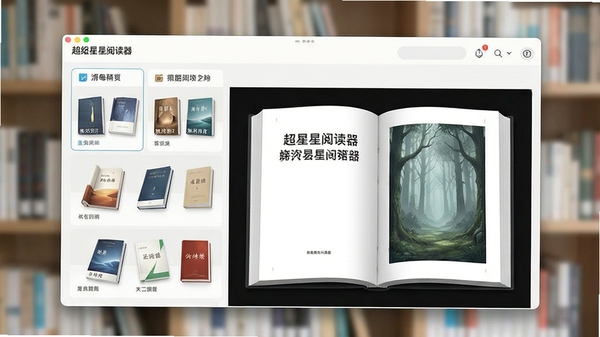 超星阅读器主界面预览图,展示其清爽的书架布局与高清的图书打开效果,背景为虚化的书架,前景聚焦于软件界面的功能分区,画面通透光线柔和,整体风格专业且现代