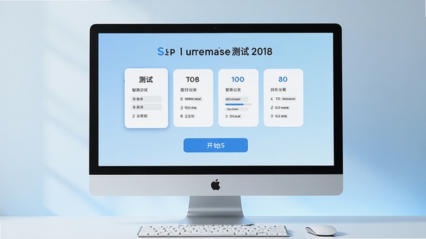 Superme智商测试主界面预览图,展示清晰的测试分类入口与开始按钮,背景为现代简约的浅蓝色渐变,电脑屏幕居中,整体风格专业且友好