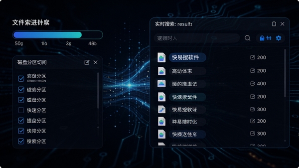 快易搜软件功能示意图,画面左侧为文件索引进度条和磁盘分区勾选列表,右侧为实时搜索结果的窗口,文件名高亮显示,背景为深色科技感风格,突出数据流动和快速响应的视觉效果