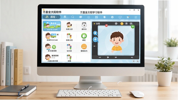 方直金太阳学习软件的主界面截图,展示功能模块分区,背景为整洁的书桌与电脑屏幕,屏幕中显示软件课程列表与点读界面,画面整体明亮清晰,突出教育软件的实用性与专业性