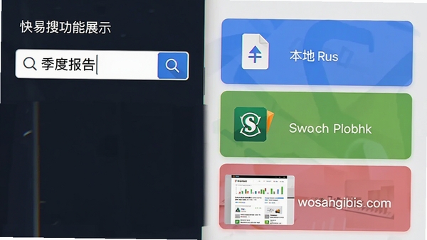 快易搜功能展示图,画面左侧为搜索框输入“季度报告”,右侧结果栏分区域显示本地文档图标、软件图标和网页链接缩略图,以卡片式布局呈现,色彩区分明显