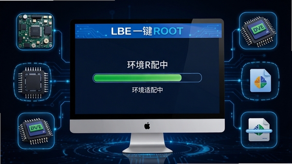 LBE一键ROOT智能检测功能示意图,画面中一台电脑屏幕显示检测进度条与“环境适配中”字样,周围环绕着主板、芯片、驱动程序等图标,整体风格科技感十足,软件名称LBE一键ROOT出现在屏幕顶部