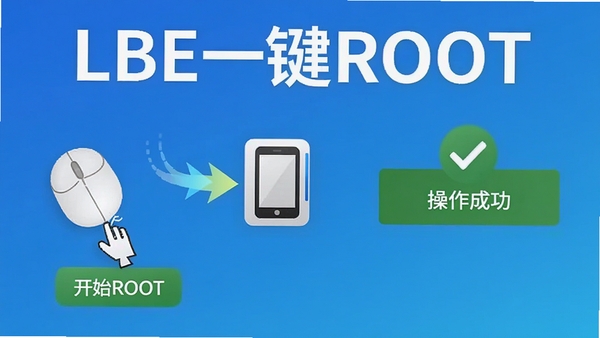 LBE一键ROOT一键操作流程图,展示鼠标点击“开始ROOT”按钮后,画面出现动态箭头指向设备图标,随后弹出“操作成功”的绿色对勾提示,背景为简洁的渐变蓝色,突出软件名称LBE一键ROOT