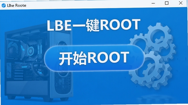 LBE一键ROOT软件主界面预览图,展示简洁的蓝色主题窗口,中央醒目的大号“开始ROOT”按钮,背景有电脑主机与系统齿轮图标元素,画面干净明亮,突出软件名称LBE一键ROOT