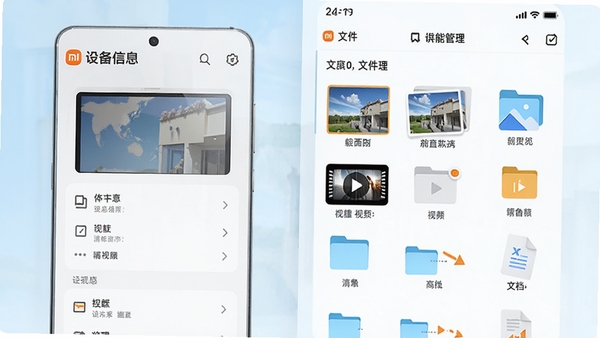 小米助手功能展示图,画面左侧为设备信息面板,右侧为文件管理列表,展示照片、视频、文档等多个分类文件夹,色调清新明亮