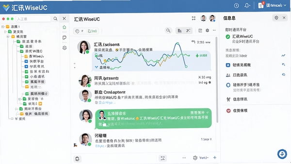 汇讯WiseUC企业即时通讯平台主界面预览图,展示清晰的左侧组织架构树、中央多人会话窗口以及右侧信息详情面板,整体风格现代简洁,色彩明快,体现高效办公氛围