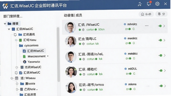 汇讯WiseUC企业即时通讯平台组织架构页面,左侧显示树状部门列表,右侧展示成员头像与在线状态,突出清晰的企业通讯录管理功能