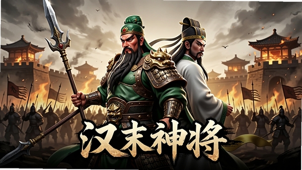 汉末神将游戏宣传海报,画面中央是身披重甲、手持长枪的关羽与天师张角背对背站立,背景是火焰燃烧的洛阳城与千军万马剪影,画面强调史诗感与角色细节,光影对比强烈,前景有汉末神将四个大字logo,整体风格为写实国风水墨与3D渲染结合