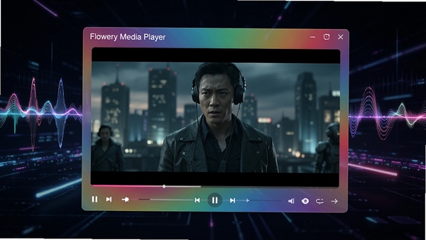 炫彩新视听(Flowery Media Player)主界面预览图,展示其炫彩半透明皮肤与正在播放高清电影的画面,背景为暗色科技感光效,整体风格时尚且富有动感,画面主体为软件窗口,背景元素为抽象光影与音乐律动波纹