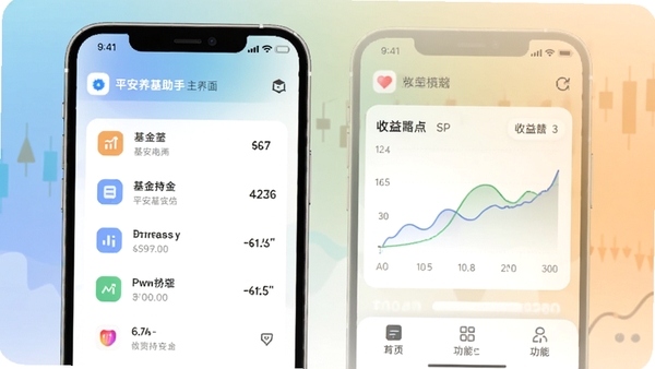 平安养基助手主界面预览图,展示基金持仓列表、收益曲线和功能导航栏,背景为柔和渐变色,图标风格简约现代,整体画面清晰明亮,突出手机应用界面设计,适配Boogu模型生成。