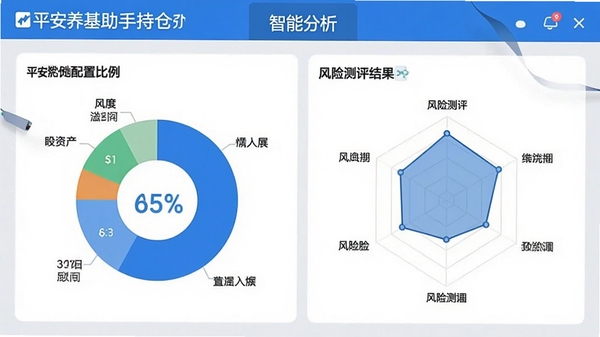 平安养基助手持仓分析功能截图,展示饼状图资产配置比例、雷达图风险测评结果,界面配色以蓝白为主,数据可视化图表清晰,背景为浅灰色桌面,文字说明标注“智能分析”,整体风格专业整洁。