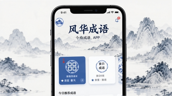 画面主体为一部智能手机屏幕特写,屏幕中显示“风华成语”APP主界面,背景是淡雅的水墨山水画,界面布局清晰,有今日推荐成语卡片,整体色调以青花瓷蓝白为主,展现中国古典韵味与现代UI结合,画面唯美清晰,适合软件介绍场景