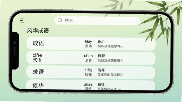 手机横屏展示“风华成语”成语列表页,列表项清晰展示成语、拼音、简单释义,背景为渐变的淡绿色,列表上方有搜索栏,整体界面干净简约,具有现代感,同时点缀有竹叶元素体现文化气息