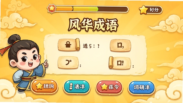 游戏化界面展示“风华成语”闯关答题场景,屏幕中央显示一道选择题,下方四个选项按钮,顶部有进度条和积分图标,背景采用暖黄色调,搭配祥云纹理,角色卡通化,整体风格活泼有趣,突出学习与娱乐结合