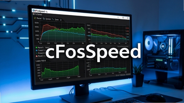 一张展示cFosSpeed主界面在电脑屏幕上的特写,界面清晰显示实时网速曲线和流量统计图表,背景为简洁的现代办公桌面,整体色调偏蓝色科技感,画面中心突出软件名称cFosSpeed,风格写实清晰