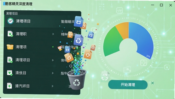 酷客精灵深度清理界面,界面左侧显示清理项目列表,右侧是扇形磁盘空间占用图,下方有“开始清理”按钮,背景为淡绿色科技风格,文件图标化为粒子飞入回收站动画,画面生动活泼,比例16:9