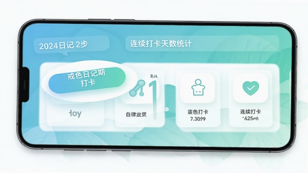 戒色日记打卡应用主界面预览图,手机屏幕显示日期打卡按钮和连续打卡天数统计,背景为清新淡雅的蓝绿色渐变,卡片式布局,图标简洁,文字清晰,整体风格干净明亮,适合自律类应用展示