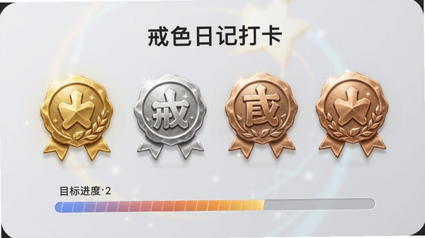 戒色日记打卡的成就徽章页面,展示金色、银色、铜色徽章图标,下方有目标进度条,手机界面色彩柔和,背景为浅灰色,突出徽章质感,整体氛围积极向上