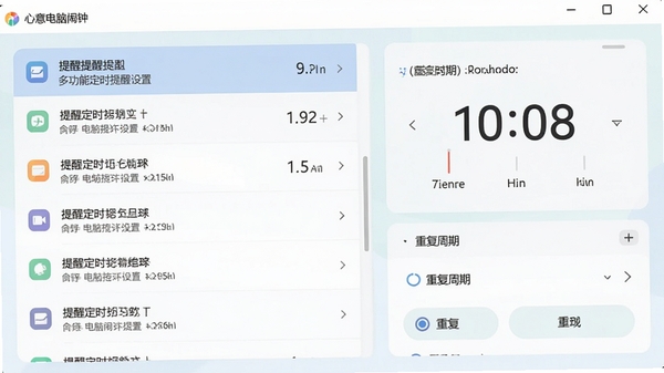 心意电脑闹钟软件的多功能定时提醒设置界面,左侧是提醒列表,右侧是时间选择器和重复周期选项,界面设计简洁清晰,色彩柔和,现代扁平化风格,高清截图展示