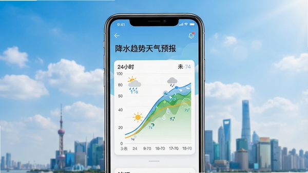 一幅展示智能手机屏幕的图片,屏幕中央显示“降水趋势天气预报”应用主界面,背景是蓝天白云与远处城市天际线,界面包含未来24小时降水趋势曲线图,色彩清新自然,光线明亮,整体风格简洁现代,突出天气预测主题
