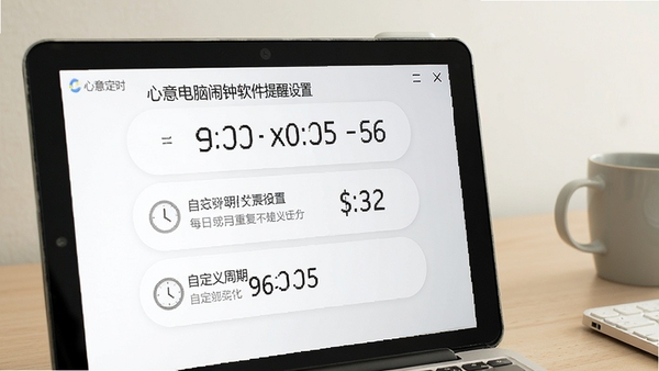 心意电脑闹钟软件提醒设置界面,显示多种定时模式选项,包括每日重复和自定义周期,背景为浅色桌面,画面简洁明了