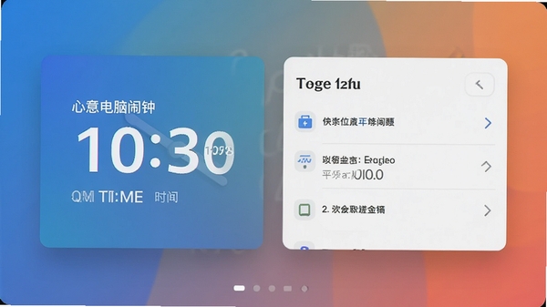 心意电脑闹钟软件简洁卡片式主界面,突出显示当前时间和任务列表,背景为纯色渐变,风格现代简约