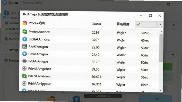 360Amigo系统加速启动项管理界面,显示所有开机启动项列表,包含程序名称、状态、影响程度,背景为简洁的系统设置界面