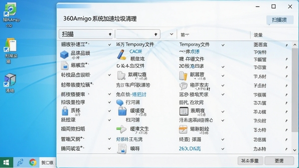 360Amigo系统加速垃圾清理界面,显示扫描出的各类垃圾文件列表,包含临时文件、缓存文件等,背景为干净的电脑桌面,色调明亮