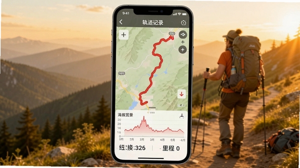 随步览景离线地图与轨迹记录界面,手机屏幕显示地图上一条红色轨迹线,下方有海拔折线图和里程数据,背景为户外登山场景,色调温暖