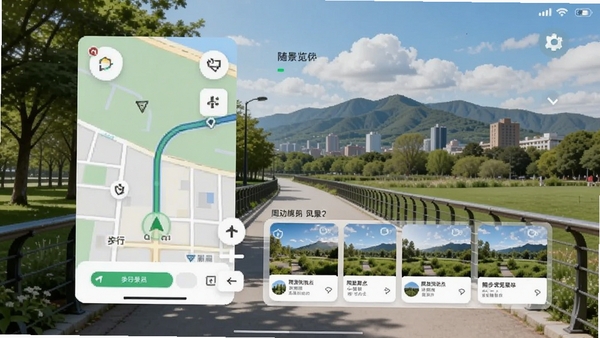随步览景软件主界面预览图,展示地图导航与周边景点卡片,背景为城市公园步行道,远处有山峦和蓝天白云,整体风格清新自然,UI设计简洁现代,突出步行导航和风景识别功能