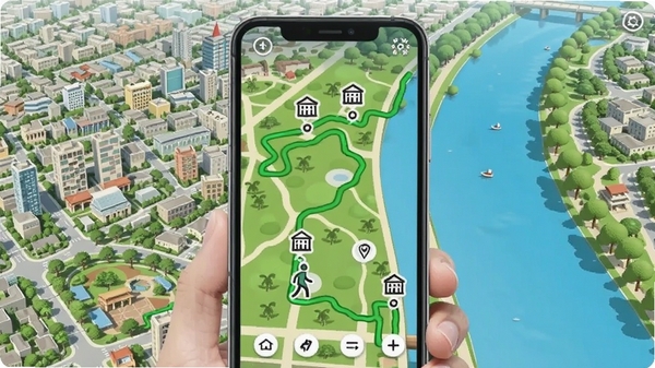 随步览景智能路线规划功能示意图,手机屏幕显示一条绿色步行路线穿过公园和河边,沿途标注景点图标,背景为城市俯瞰图,色彩明亮清晰
