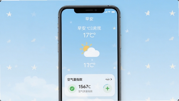 早安天气软件主界面预览图,展示当日气温、天气状态图标以及空气质量指数,界面风格清新简约,背景为浅蓝色渐变天空,主体元素居中,布局清晰,适配手机竖屏显示