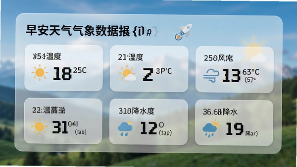 早安天气实时气象数据展示页面,以卡片形式清晰罗列温度、湿度、风速、降水等详细指标,数据字体醒目,背景采用毛玻璃效果,视觉效果专业且美观