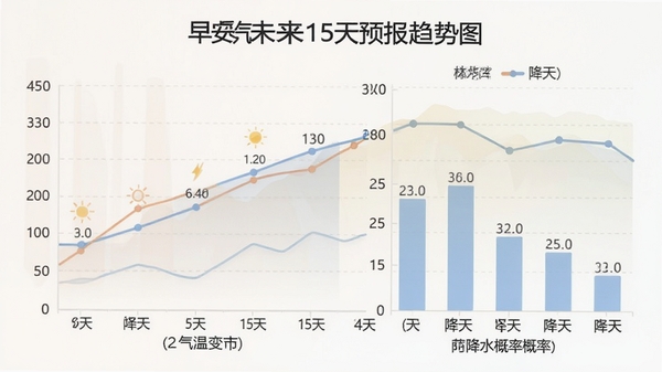 早安天气未来15天预报趋势图,折线图展示气温变化,柱状图展示降水概率,图表配色柔和,背景干净,信息可视化呈现,便于用户理解
