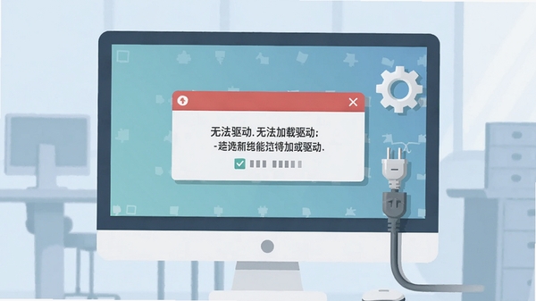 电脑屏幕前显示出错误提示框的示意图,提示内容为无法加载驱动,旁边有设置齿轮图标和网络线缆插头,背景为简洁的办公环境,色调柔和,突出故障排除的场景